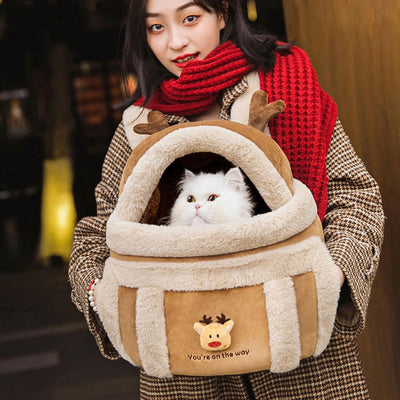 Carrier Bag Backpack Carrier Dog Travel Bag Pet Winter Outdoor Carriers Plush Reindeer Bag With Hand Warmers